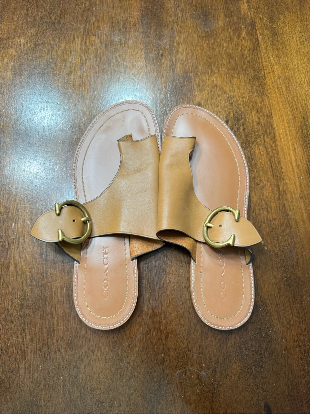 Coach Tan Leather Slide Sandals with Gold Buckle